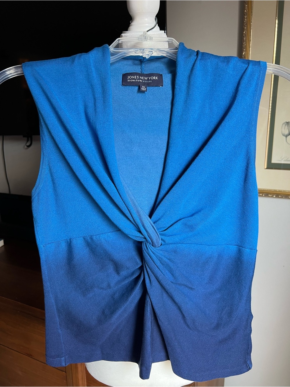 Jones New York Two-Tone Blue Twist-Front Sleeveless Top